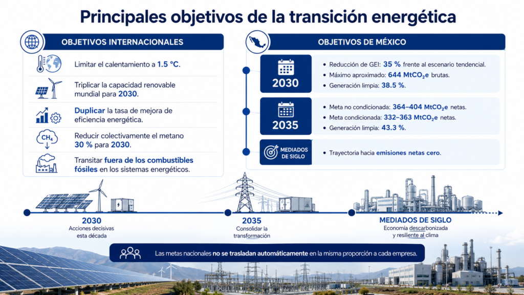 Las metas nacionales no se trasladan automáticamente en la misma proporción a cada empresa. Metas climáticas de México para 2030, 2035 y emisiones netas cero.