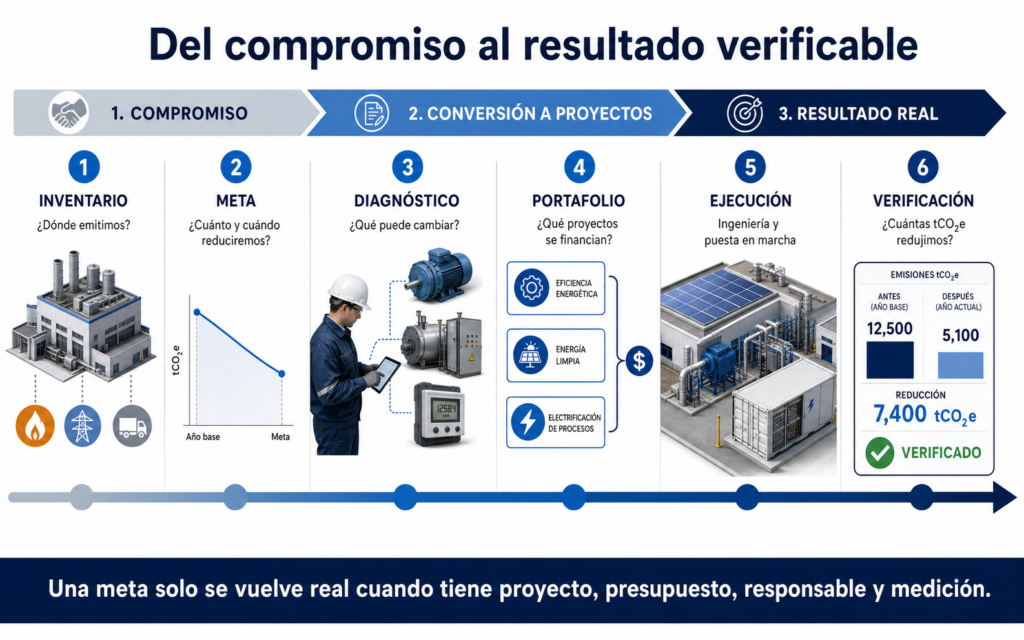 Proceso para convertir objetivos de descarbonización en proyectos verificables.
