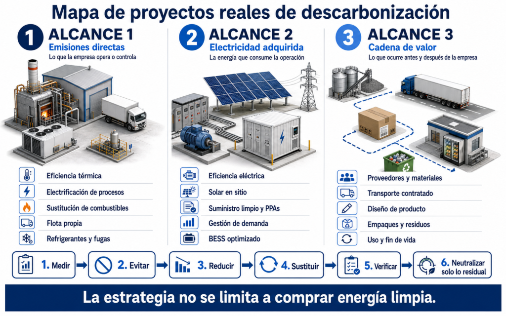 Proyectos de descarbonización para emisiones de Alcance 1, 2 y 3.